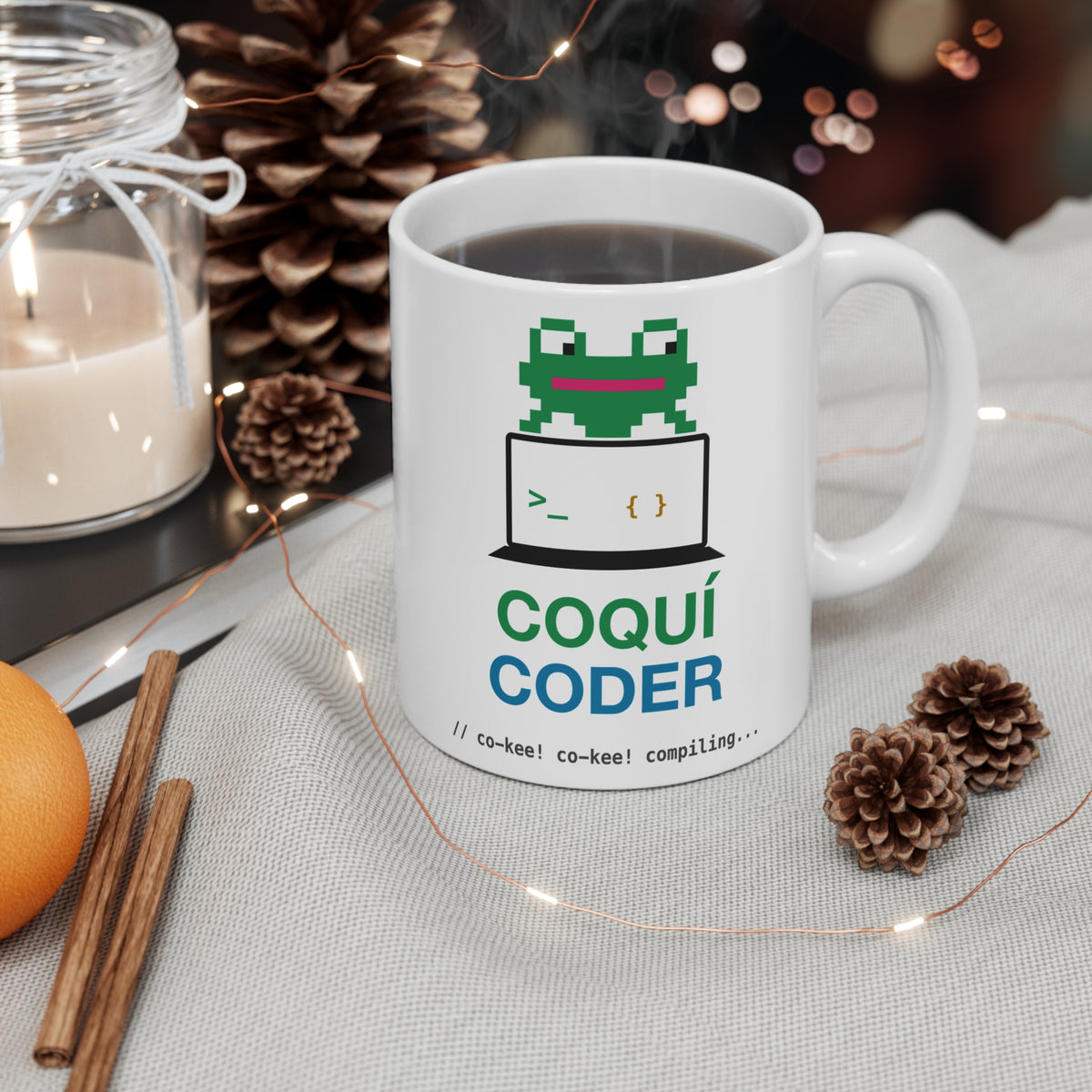 Coquí Coder Pixel Frog Mug, 11 oz
