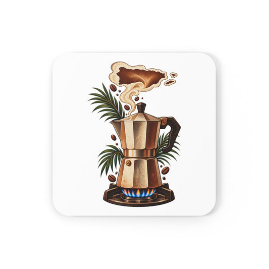 Cafecito Greca design on a square cork-back coaster