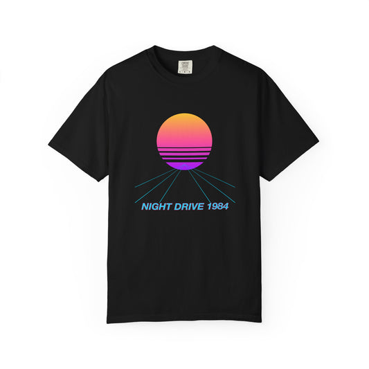 Night Drive 1984 design on a garment-dyed tee