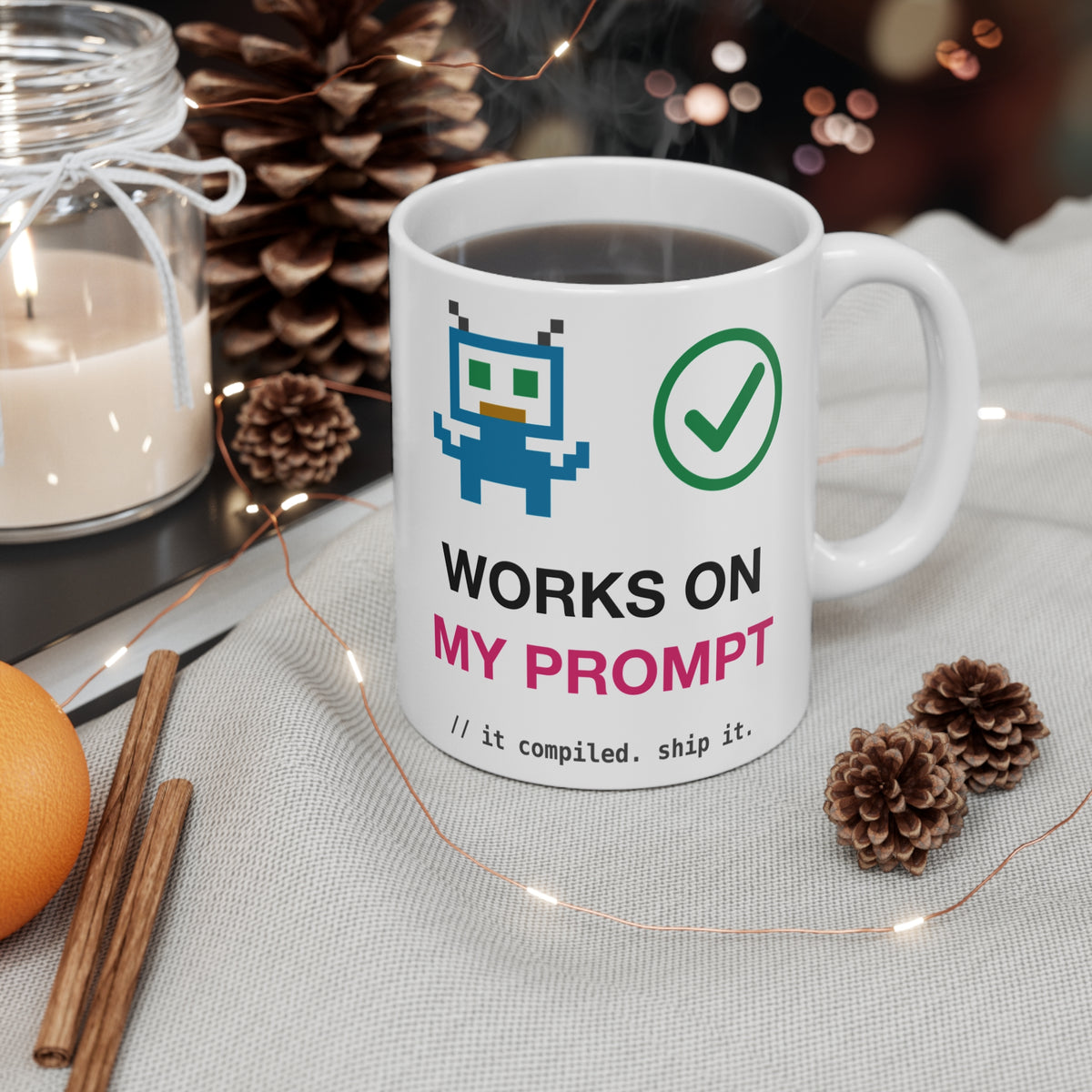 Works On My Prompt Pixel Robot Mug, 11 oz