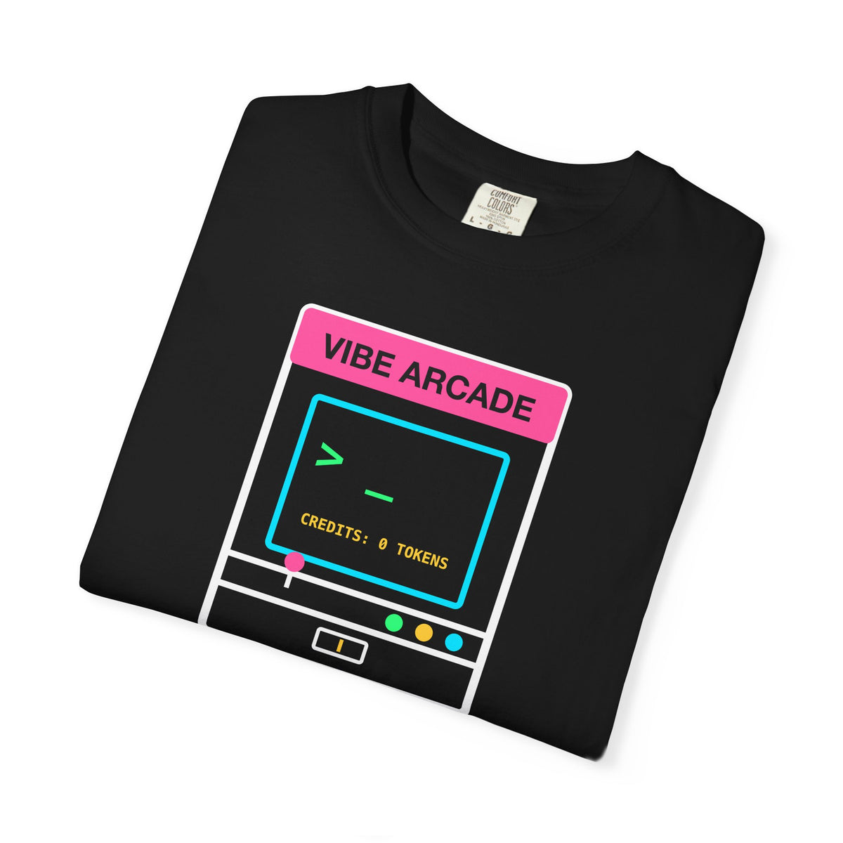 Insert Prompt To Continue Retro Arcade design on a garment-dyed tee, view 4