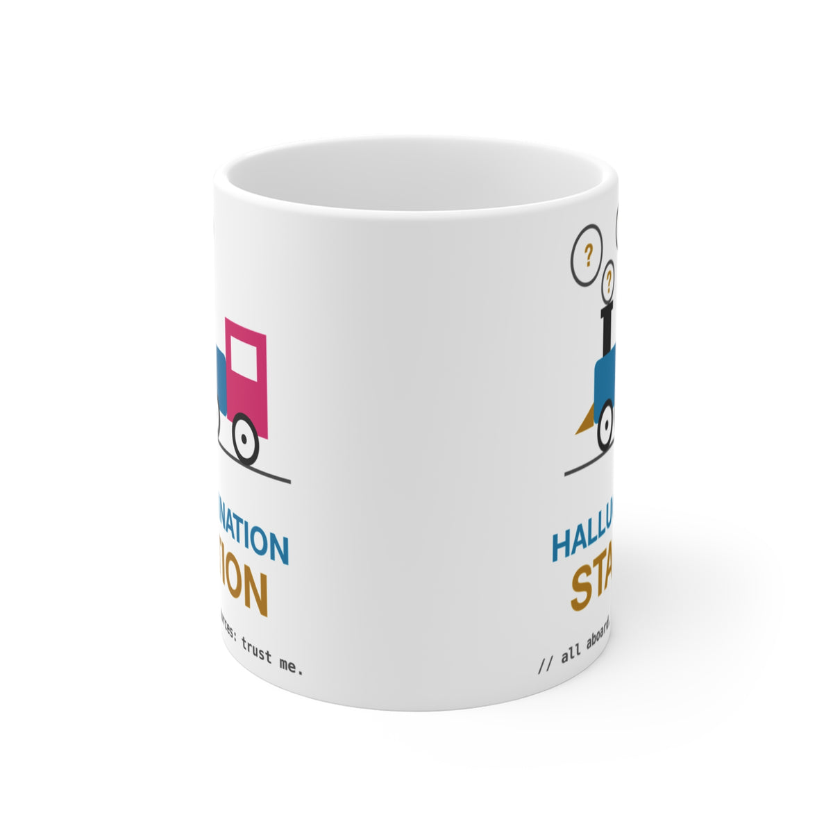 Hallucination Station Retro Train design on an 11 oz ceramic mug, view 2