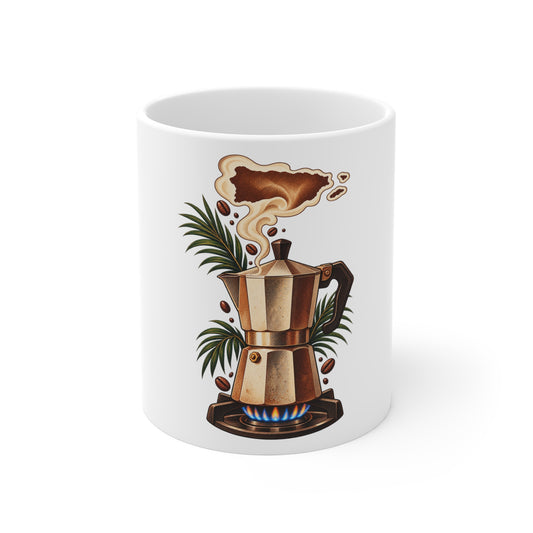 Greca Moka Pot Coffee design on an 11 oz ceramic mug