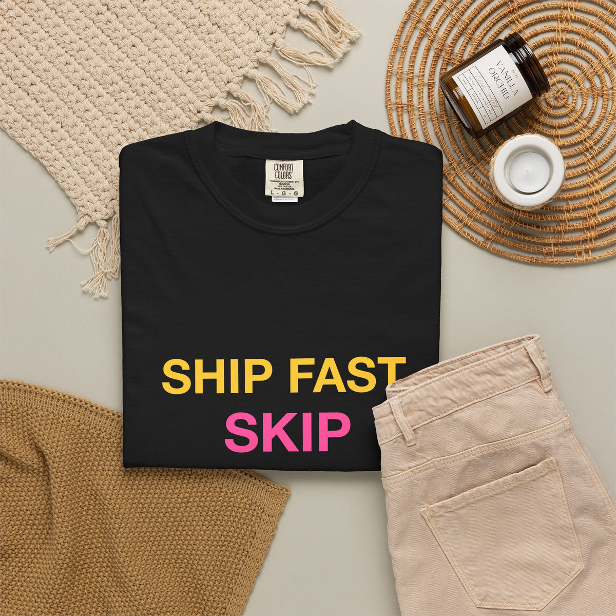 Ship Fast Skip Permissions design on a garment-dyed tee, view 5