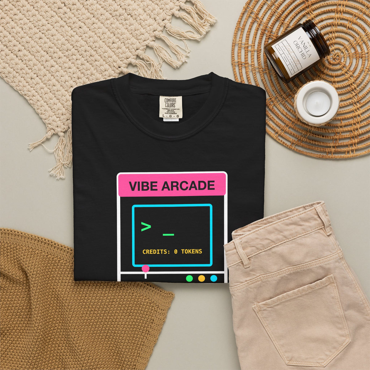 Insert Prompt To Continue Retro Arcade design on a garment-dyed tee, view 5
