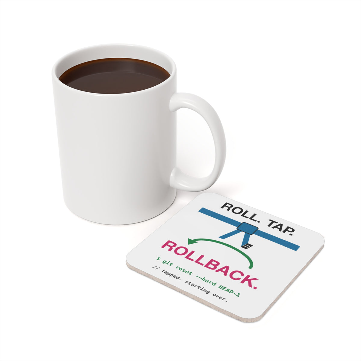 Roll Tap Rollback Jiu-Jitsu Coder design on a square cork-back coaster, view 3