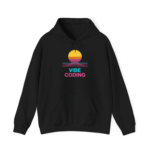 Vibe Coding Synthwave Sunset design on a pullover hoodie