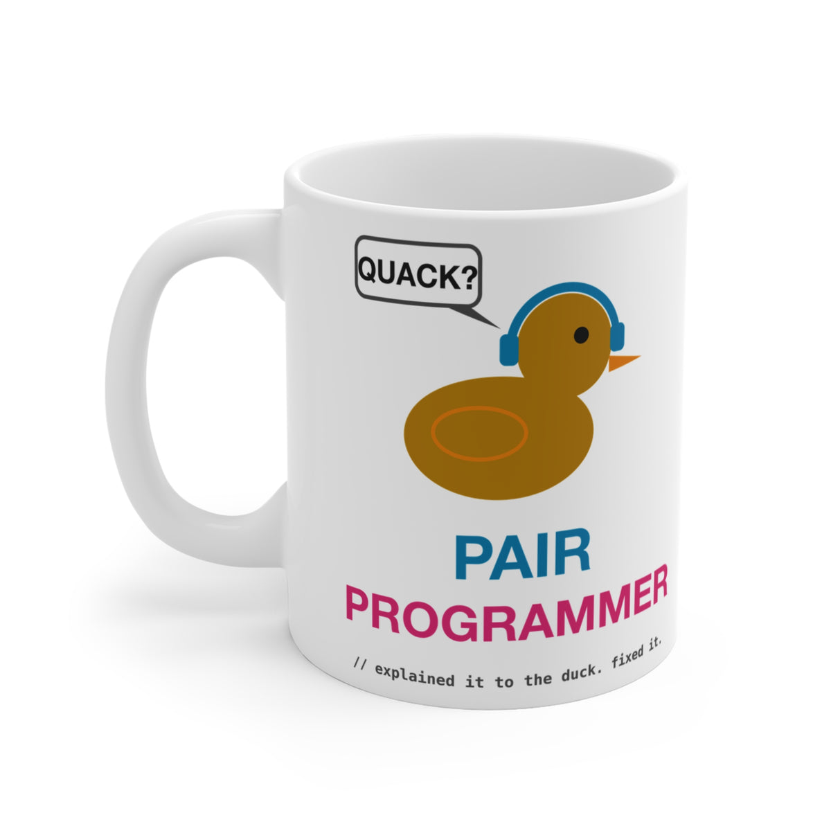 Pair Programmer Duck With Headphones Mug, 11 oz