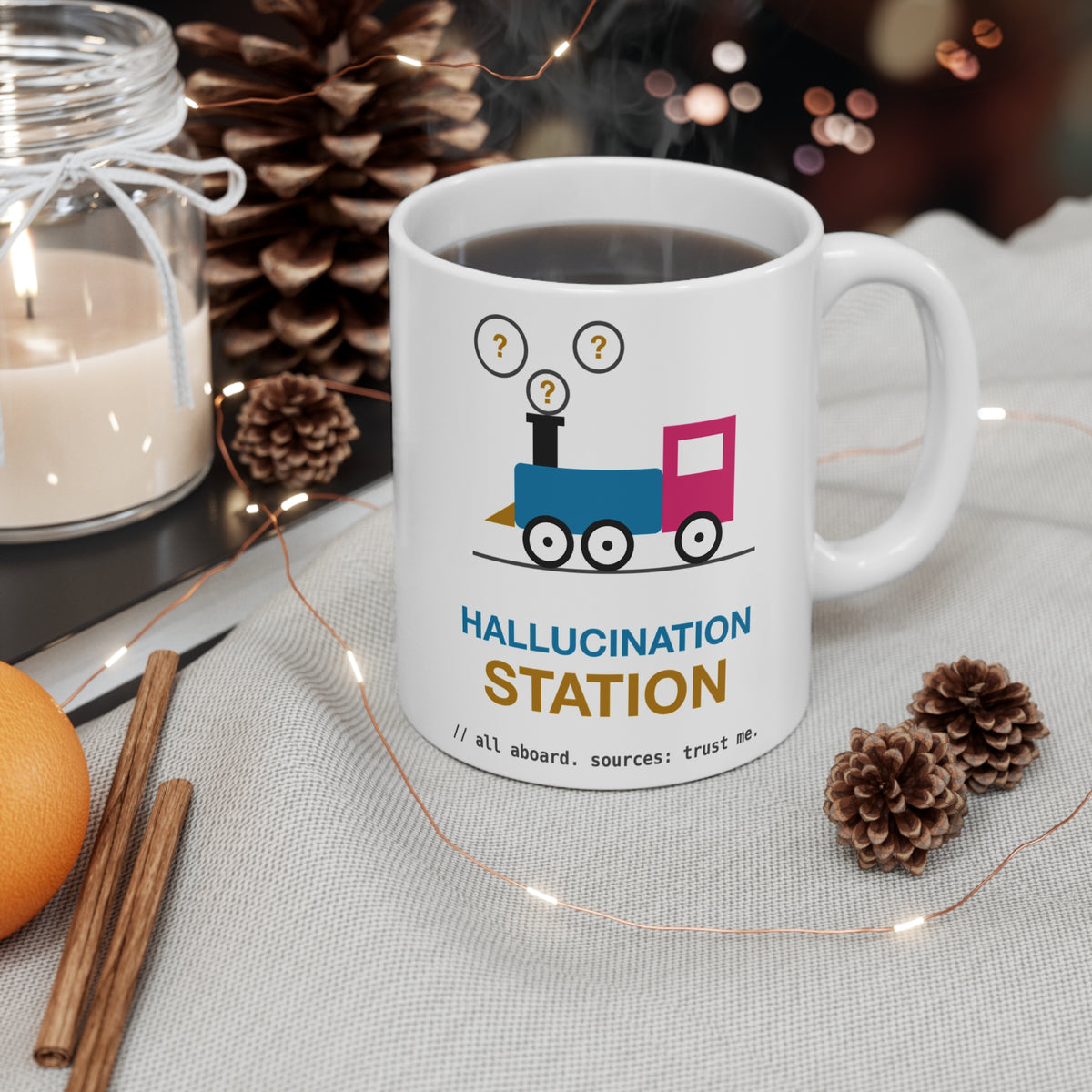 Hallucination Station Retro Train design on an 11 oz ceramic mug, view 3