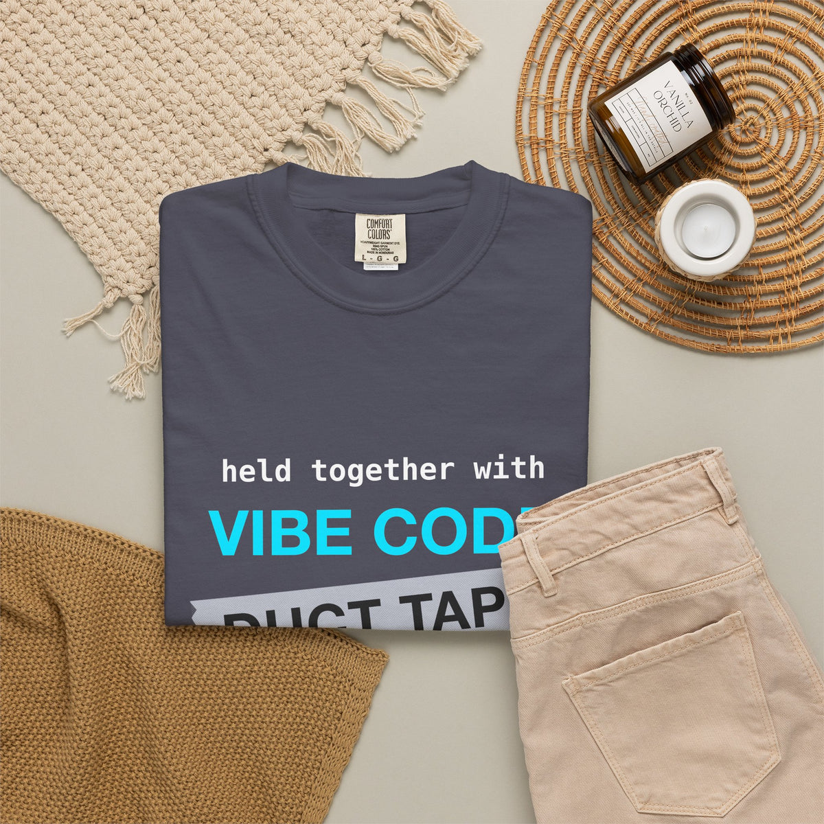 Vibe Code Held Together With Duct Tape and Prayers design on a garment-dyed tee, view 8