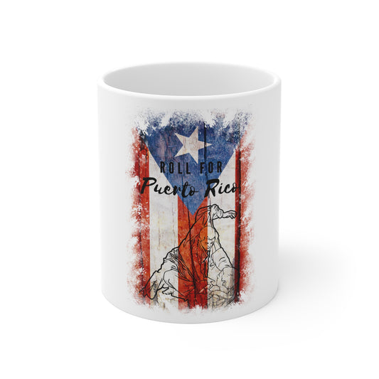 Roll For Puerto Rico design on an 11 oz ceramic mug