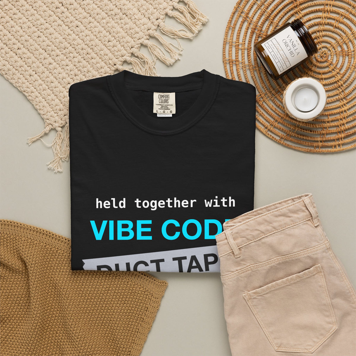 Vibe Code Held Together With Duct Tape and Prayers design on a garment-dyed tee, view 5