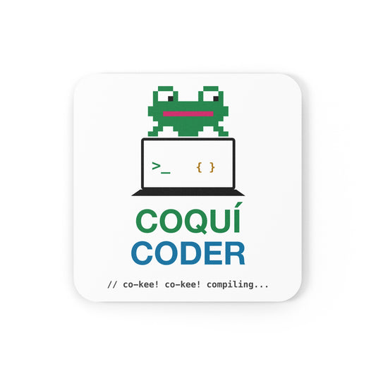 Coquí Coder Pixel Frog design on a square cork-back coaster