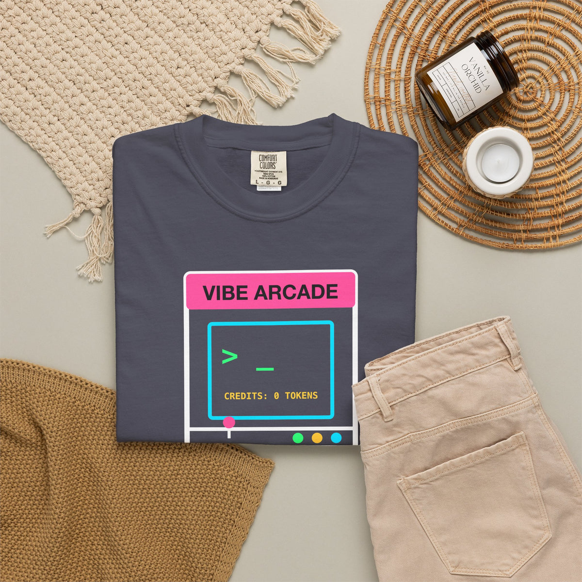 Insert Prompt To Continue Retro Arcade design on a garment-dyed tee, view 8
