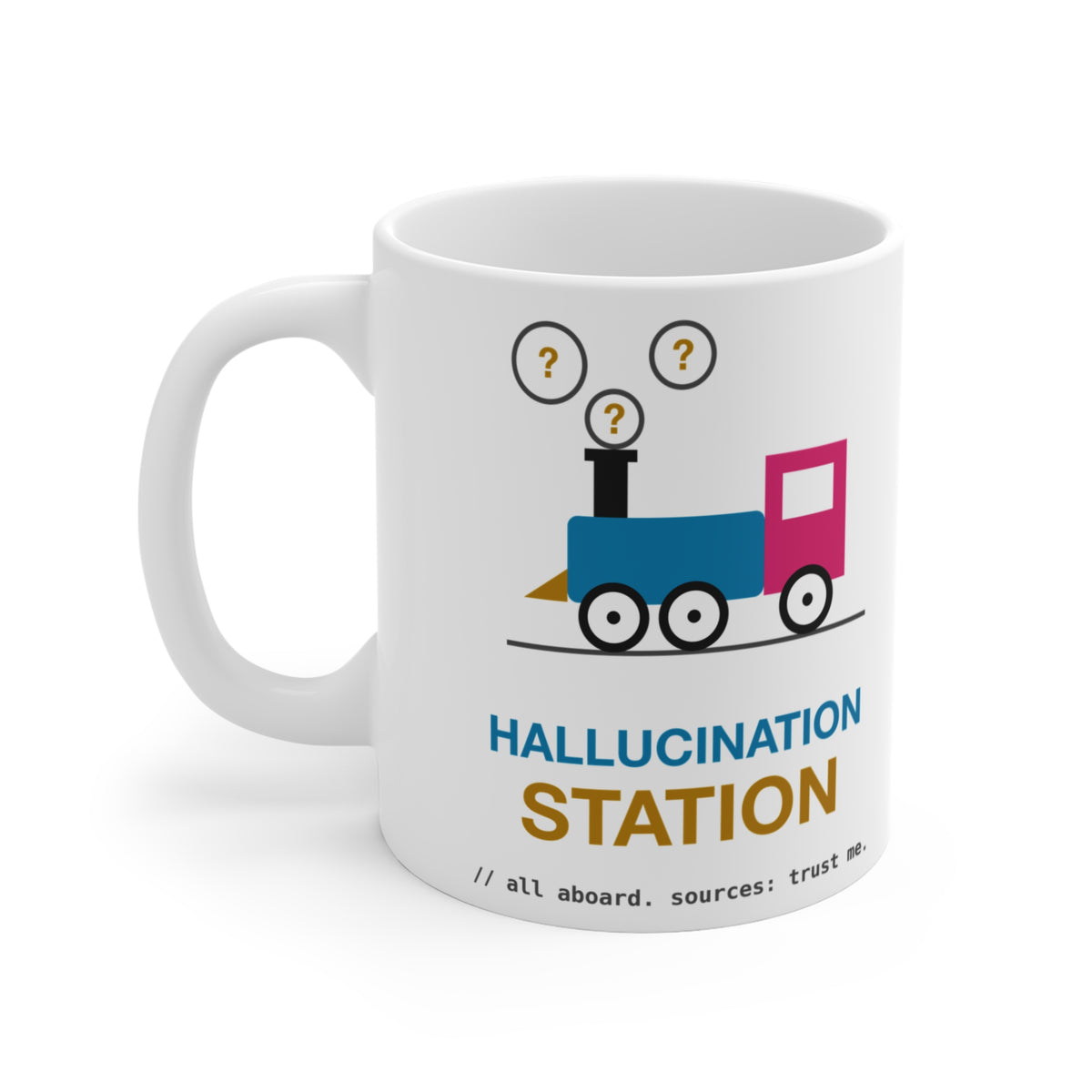 Hallucination Station Retro Train design on an 11 oz ceramic mug