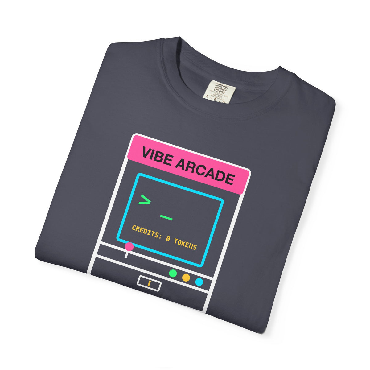 Insert Prompt To Continue Retro Arcade design on a garment-dyed tee, view 7