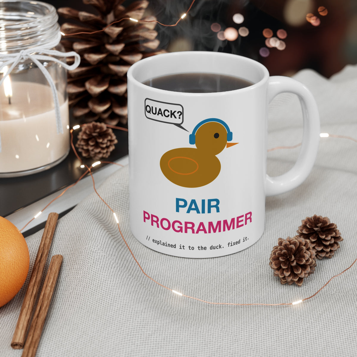 Pair Programmer Duck With Headphones Mug, 11 oz