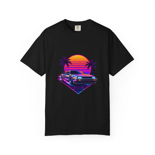 Synthwave Sunset Drive Premium Garment-Dyed Tee – Black