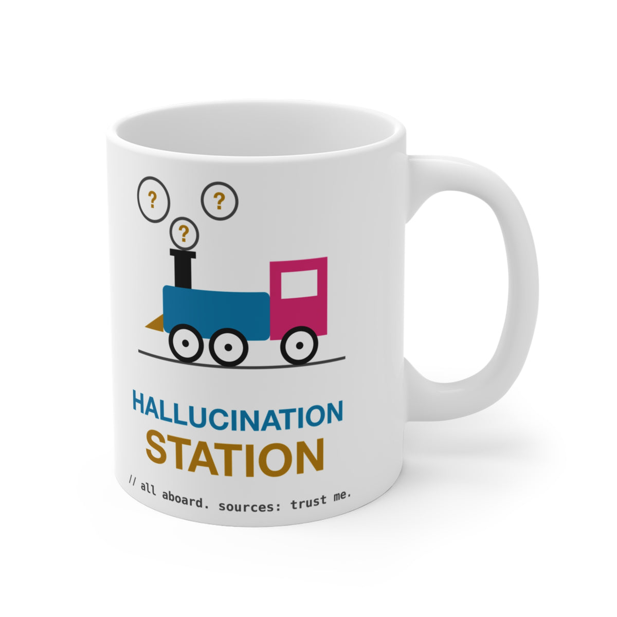 Hallucination Station Retro Train design on an 11 oz ceramic mug, view 4